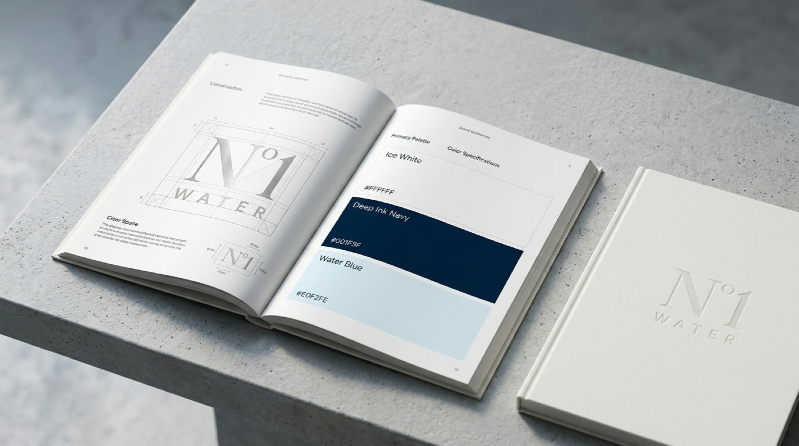 N°1 Water Brand-Guidelines-Buch, aufgeschlagen auf der Primärpalette