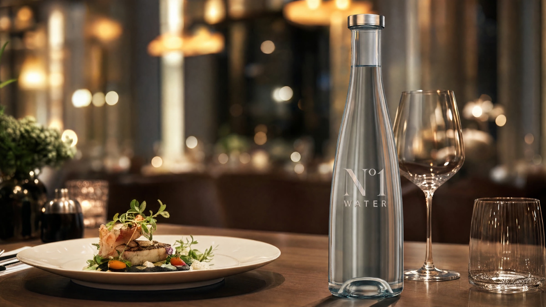 N°1 Water Karaffe auf einem Fine-Dining-Tisch neben einem angerichteten Gericht