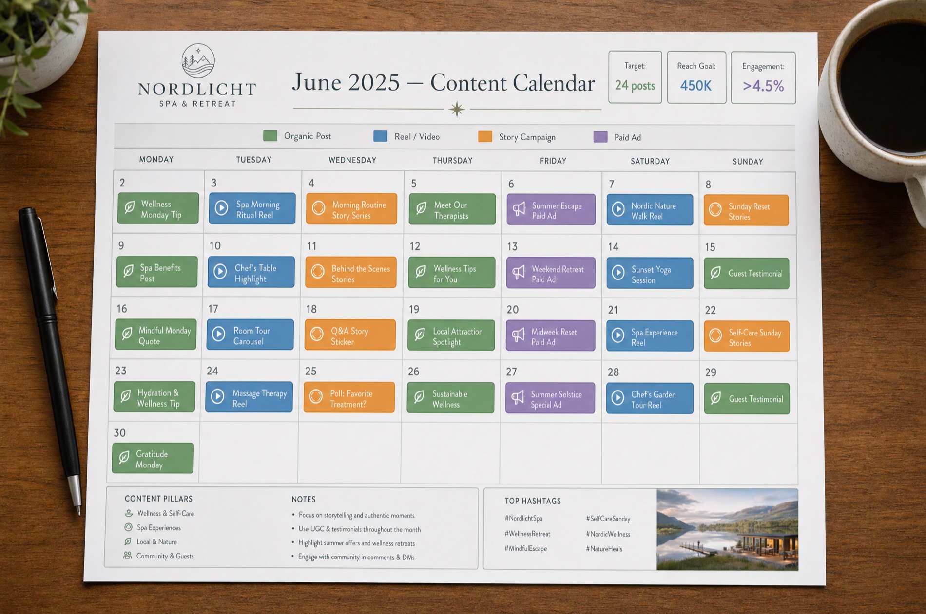Monatlicher Content-Kalender für Nordlicht — Posts, Reels, Stories und Paid Ads