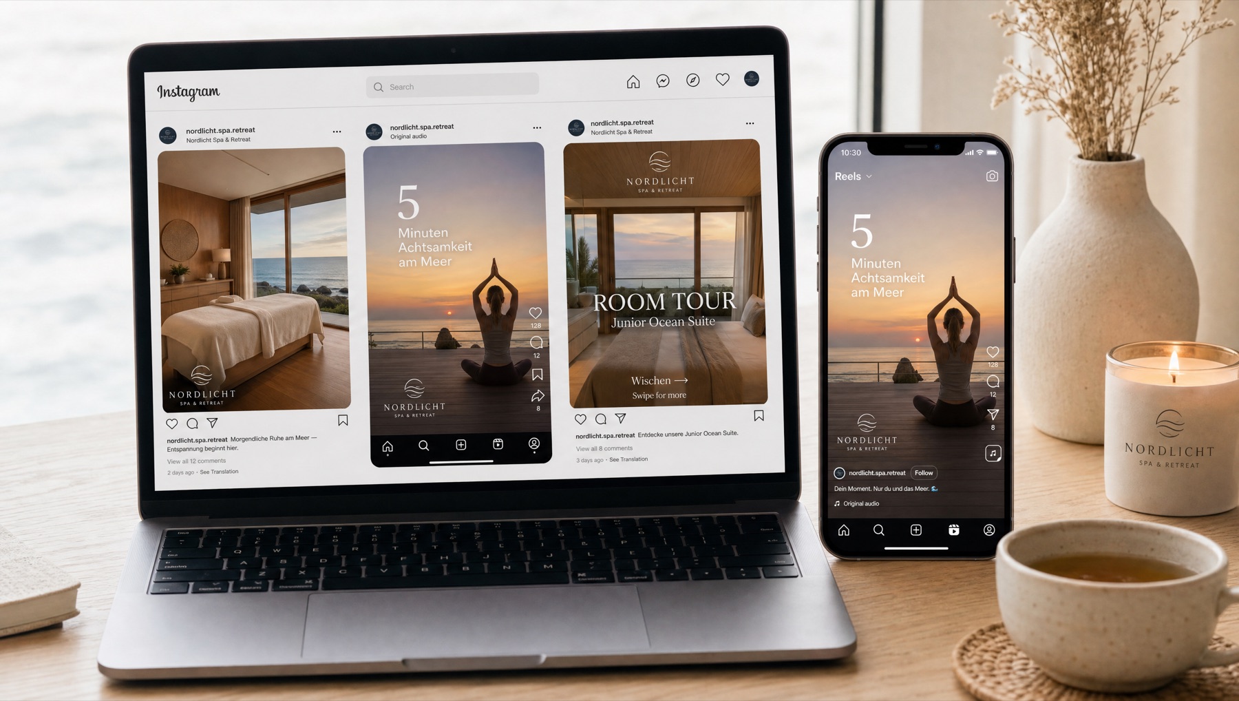Nordlicht Instagram-Feed und Reels auf Laptop und Smartphone