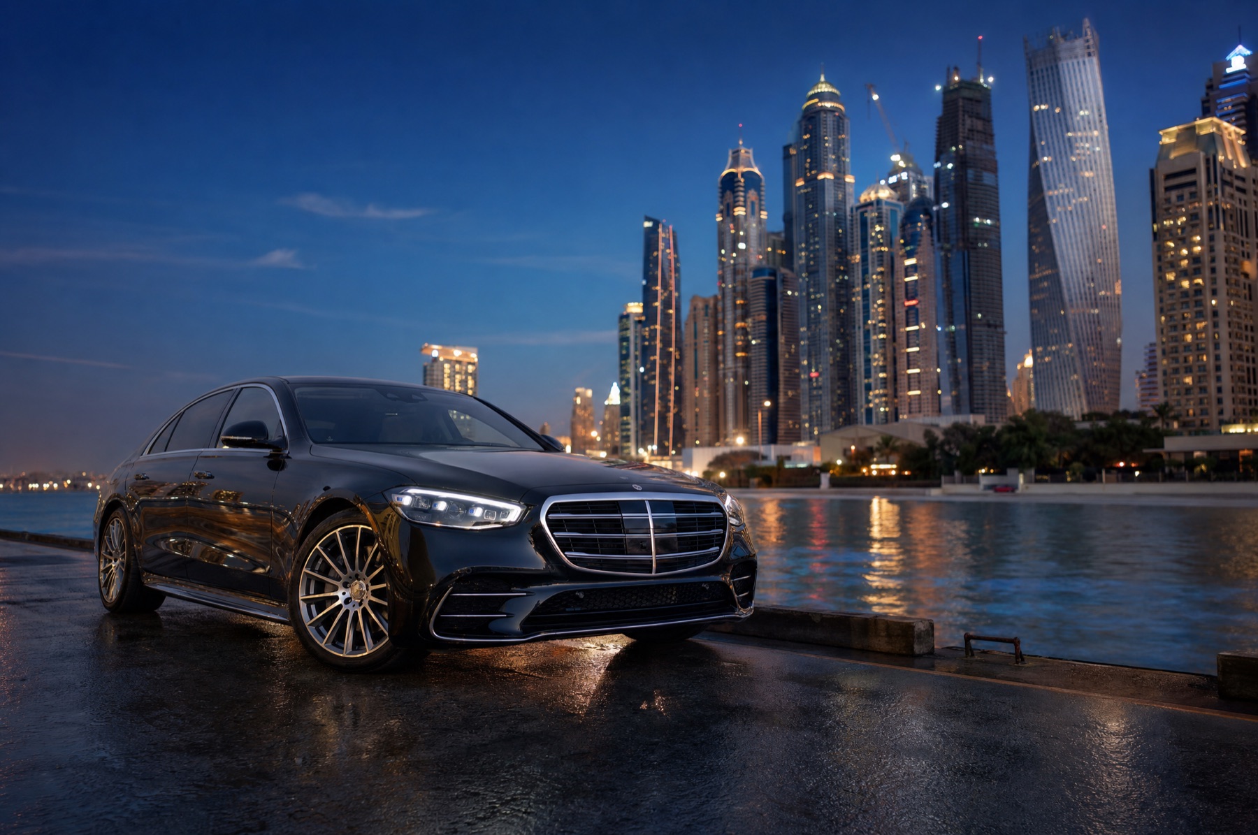 Xactlane limousine at a waterfront skyline