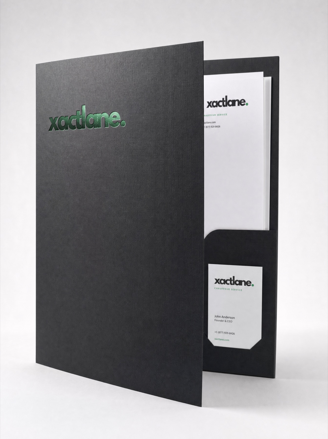 Xactlane presentation folder with green foil logo