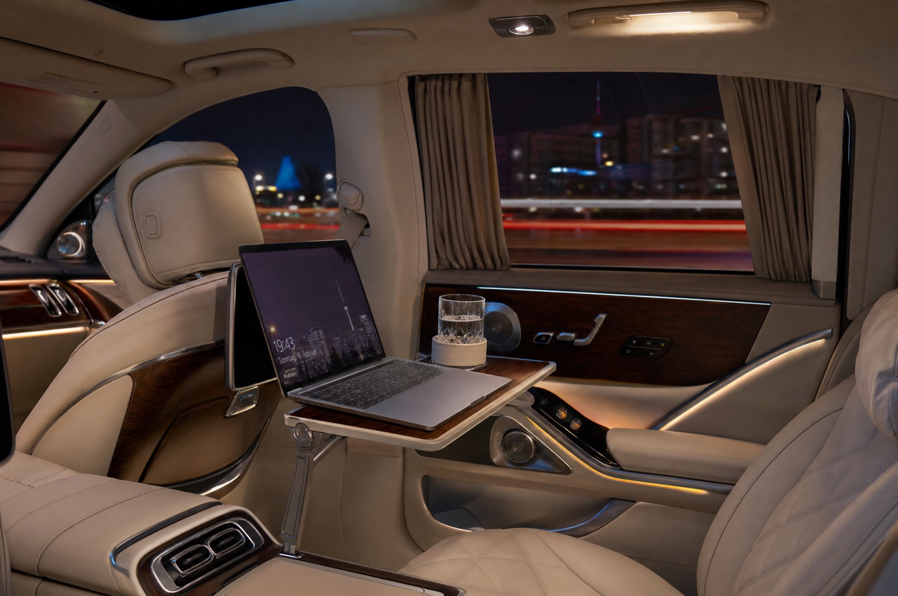 Premium limousine interior with a mobile workspace